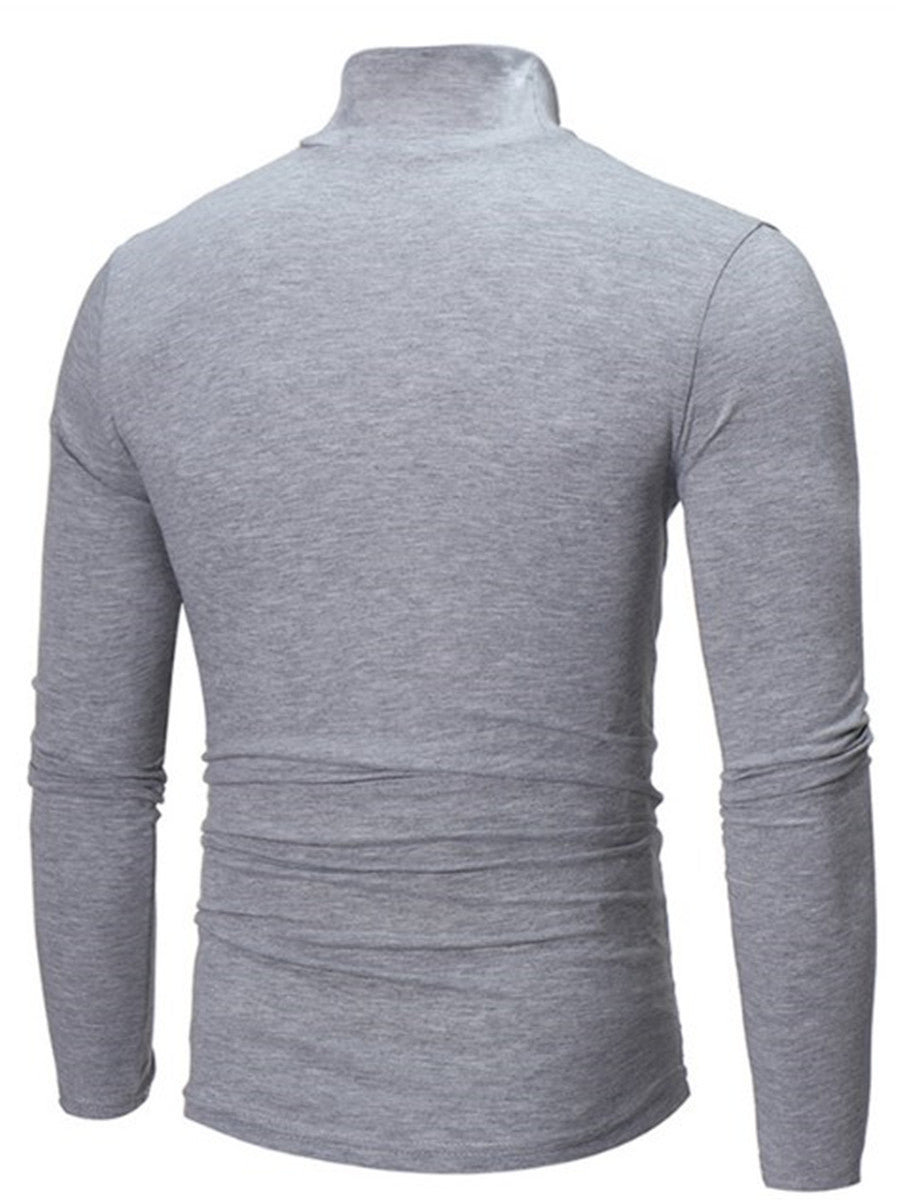 LONGBIDA Roll Turtleneck Mens T Shirt Solid Color Tops Slim Basic Stretch