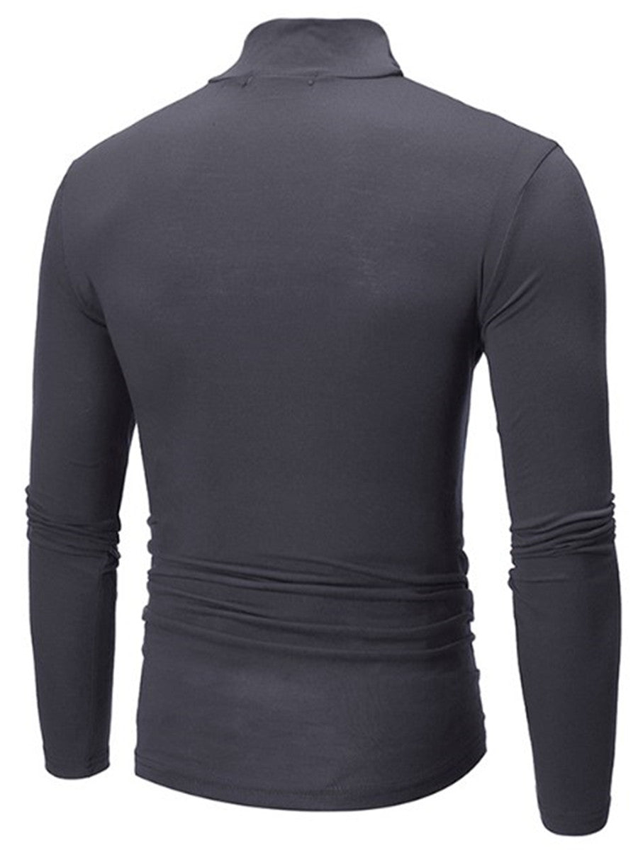 LONGBIDA Roll Turtleneck Mens T Shirt Solid Color Tops Slim Basic Stretch