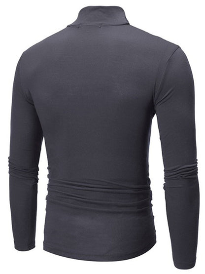 LONGBIDA Roll Turtleneck Mens T Shirt Solid Color Tops Slim Basic Stretch