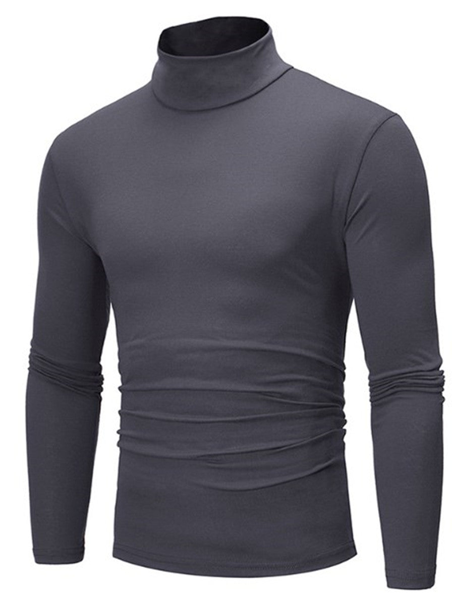 LONGBIDA Roll Turtleneck Mens T Shirt Solid Color Tops Slim Basic Stretch