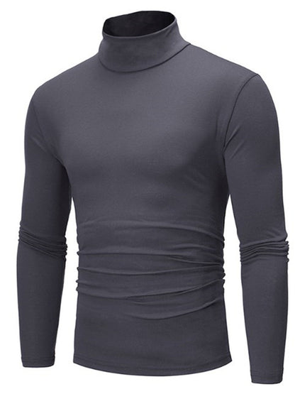 LONGBIDA Roll Turtleneck Mens T Shirt Solid Color Tops Slim Basic Stretch