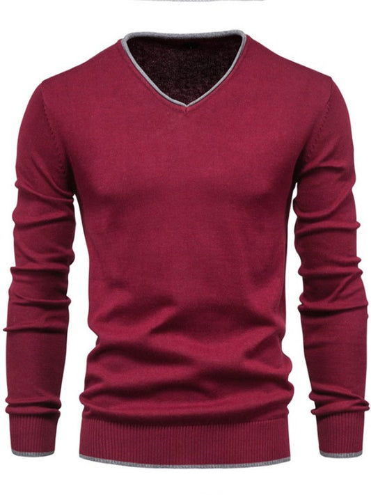 LONGBIDA Cotton Pullover Men V-Neck Sweater Solid Color Casual