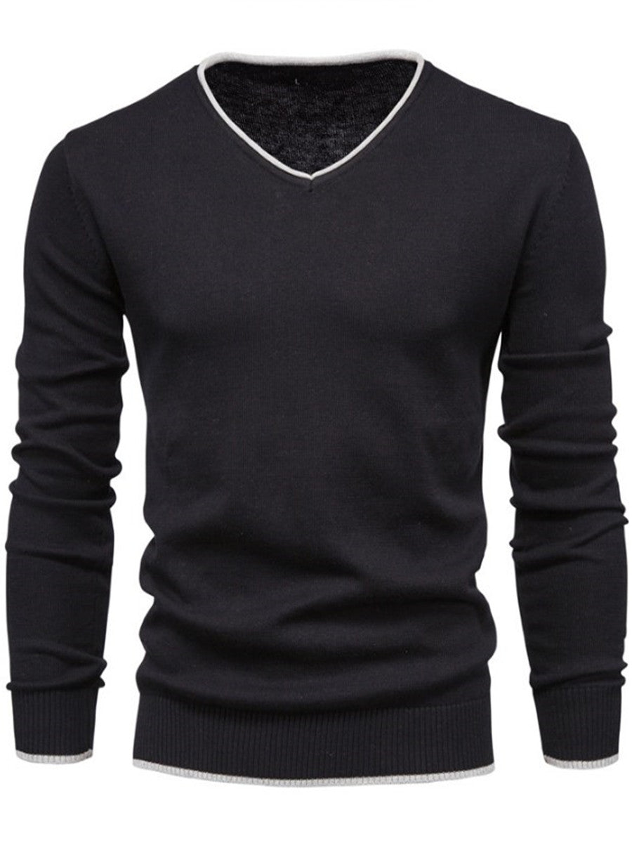 LONGBIDA Cotton Pullover Men V-Neck Sweater Solid Color Casual