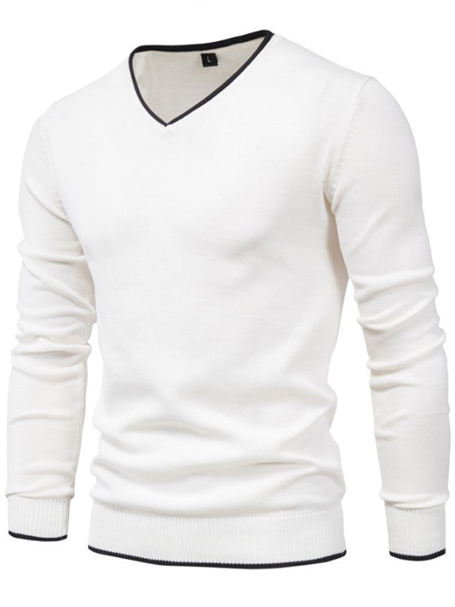 LONGBIDA Cotton Pullover Men V-Neck Sweater Solid Color Casual