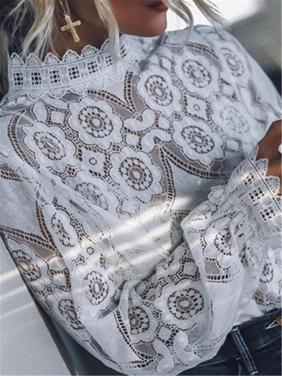 LONGBIDA Lace Blouse Women Elegant Embroidery Long Sleeve Hollow