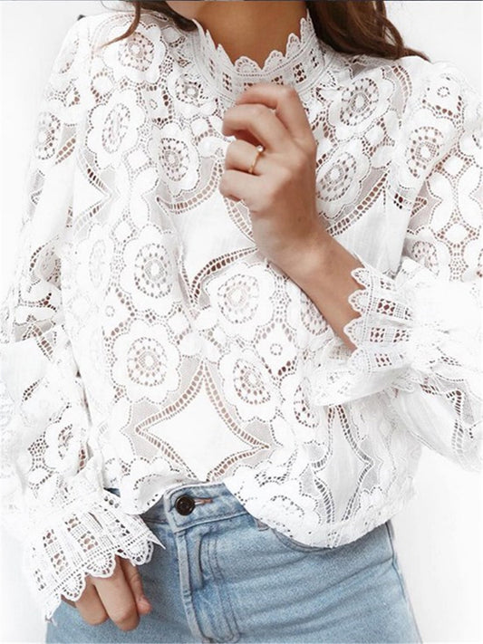 LONGBIDA Lace Blouse Women Elegant Embroidery Long Sleeve Hollow