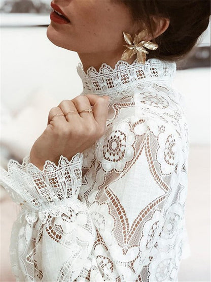 LONGBIDA Lace Blouse Women Elegant Embroidery Long Sleeve Hollow