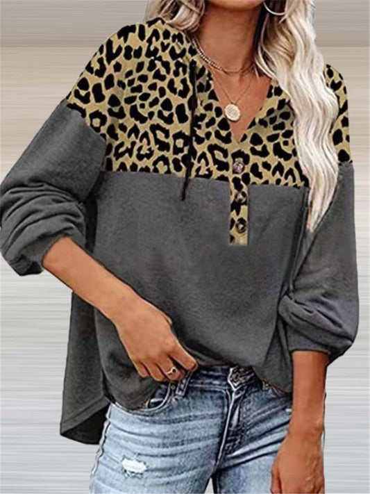 LONGBIDA Elegant V-Neck Pullover Leopard Stitching Blouse Casual Women