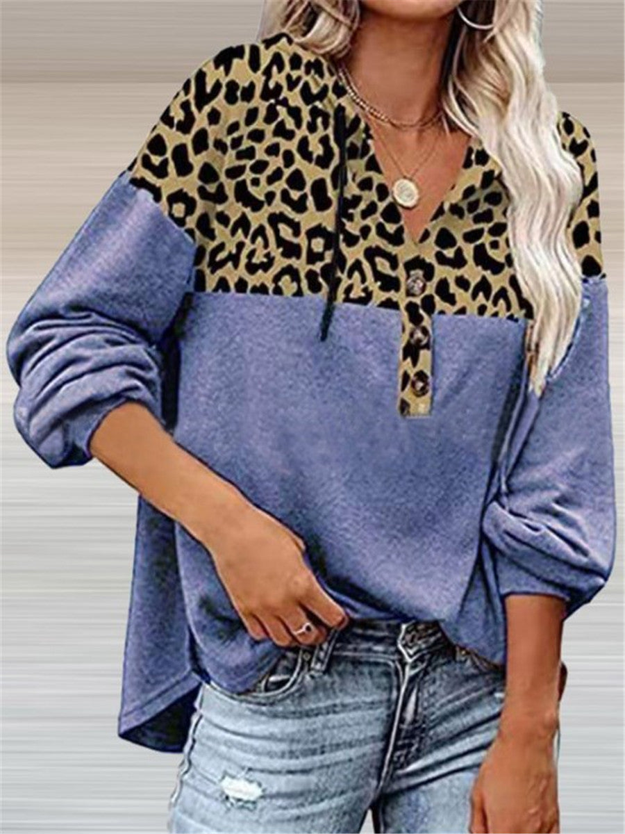 LONGBIDA Elegant V-Neck Pullover Leopard Stitching Blouse Casual Women