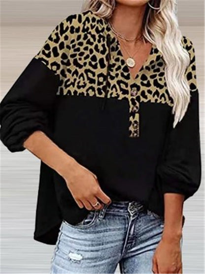 LONGBIDA Elegant V-Neck Pullover Leopard Stitching Blouse Casual Women