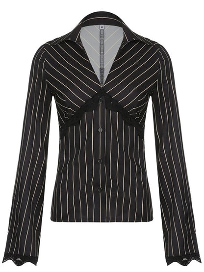 LONGBIDA Striped Women T Shirts Elegant Vintage Skinny Flare Sleeve