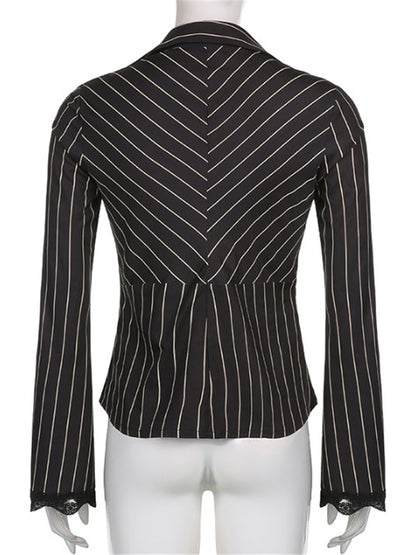 LONGBIDA Striped Women T Shirts Elegant Vintage Skinny Flare Sleeve