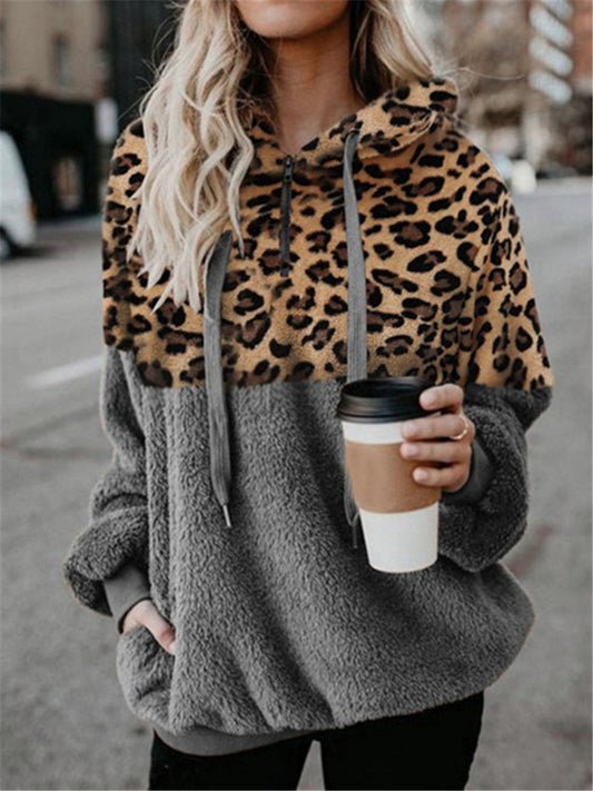 LONGBIDA Fleece Sweater Fashion Women Leopard Patchwork Fluffy Thick