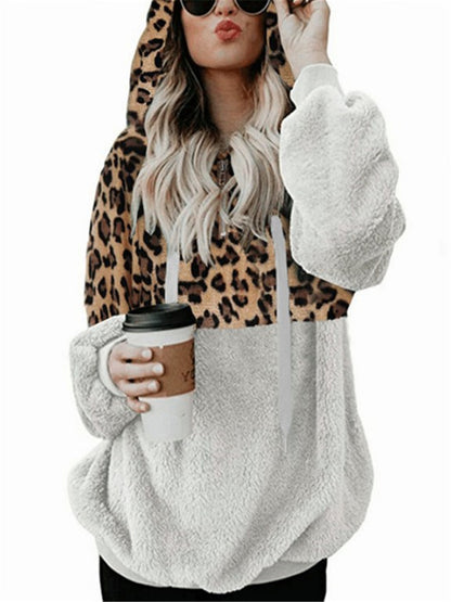 LONGBIDA Fleece Sweater Fashion Women Leopard Patchwork Fluffy Thick