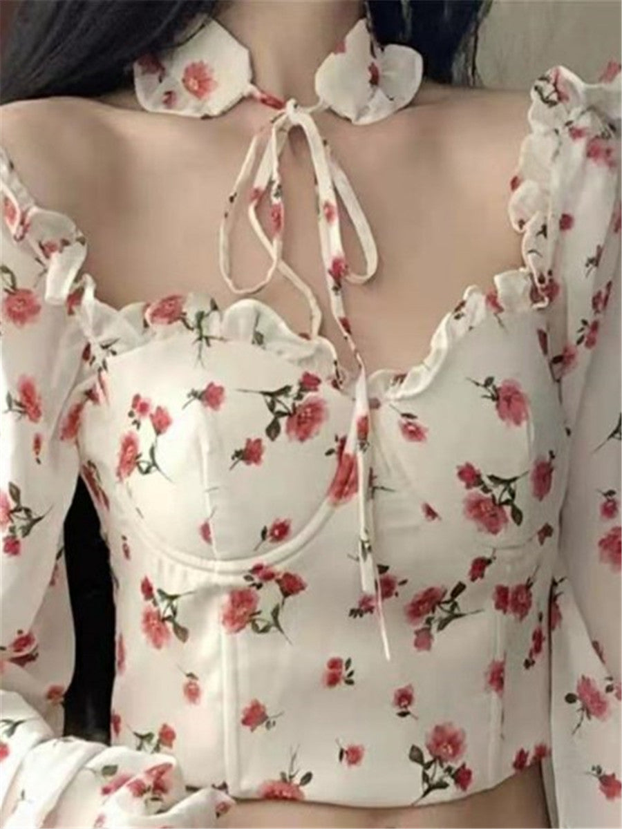 LONGBIDA Blouse Ruffles Gothic Floral Print Elegant Women Shirts