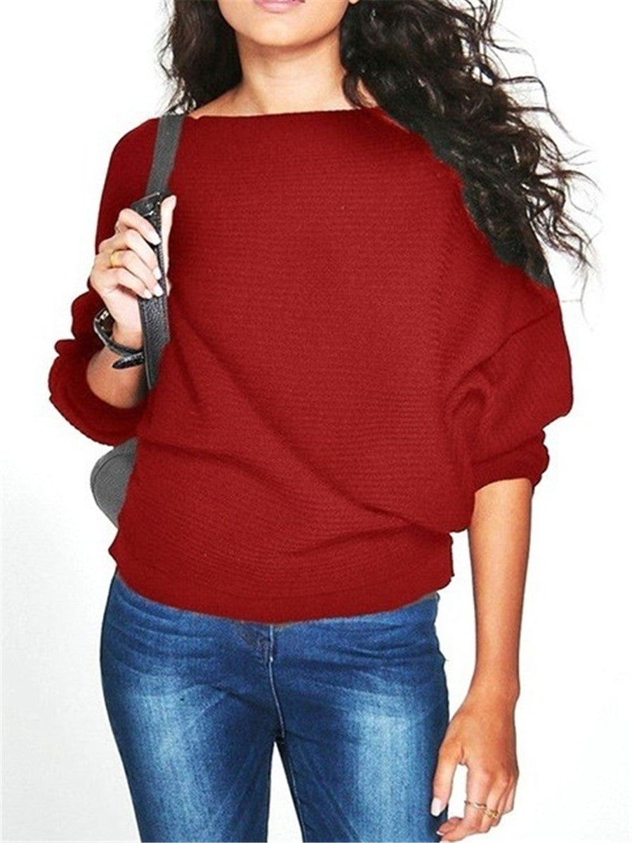 LONGBIDA Knitted Pullovers Women Sweater Fashion Bat Wing Casual