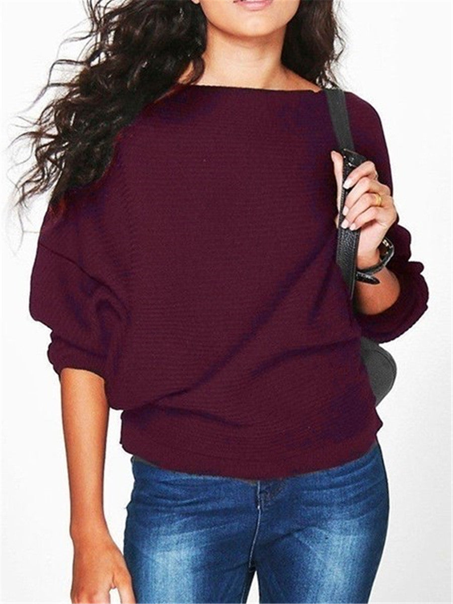 LONGBIDA Knitted Pullovers Women Sweater Fashion Bat Wing Casual