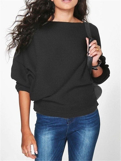 LONGBIDA Knitted Pullovers Women Sweater Fashion Bat Wing Casual