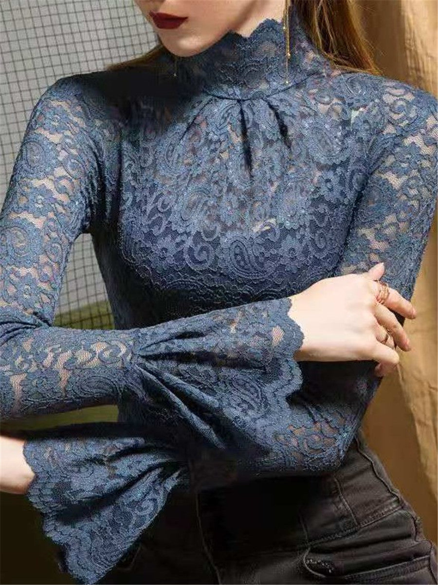 LONGBIDA Lace Womens Shirts Casual Elastic Half High Collar Flared