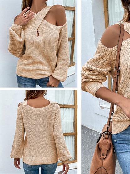 LONGBIDA Cross Hollow Out Women Knitted Sweaters Sexy Off Shoulder