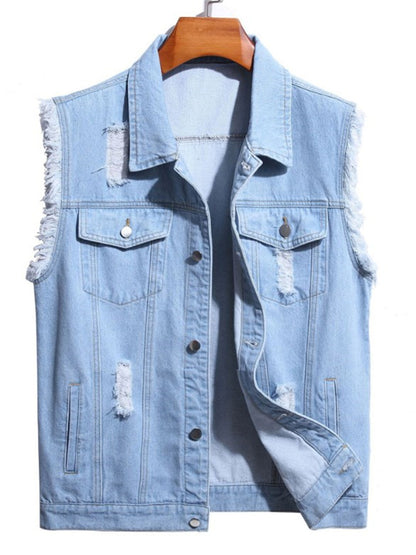 LONGBIDA Jacket Vest Streetwear Sleeveless Denim Coat Fashion Casual Men