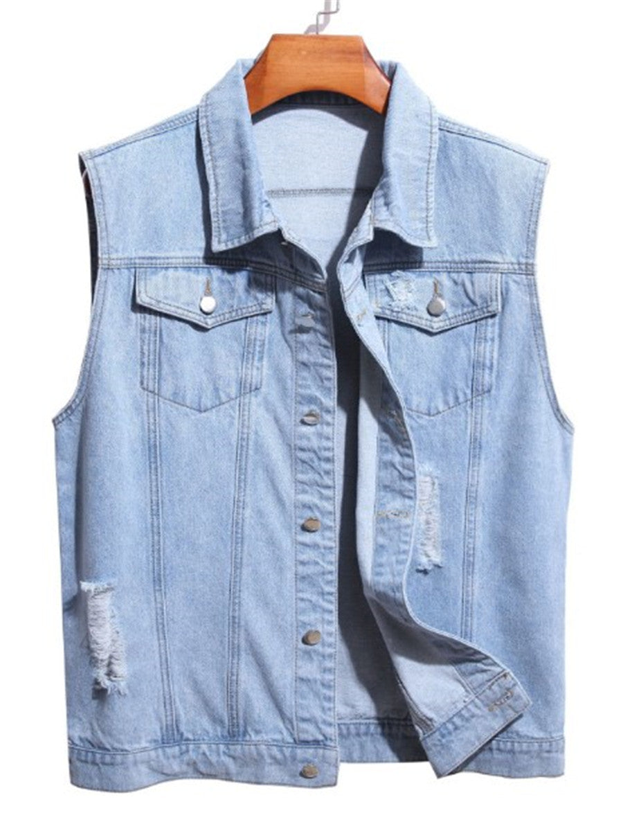 LONGBIDA Jacket Vest Streetwear Sleeveless Denim Coat Fashion Casual Men