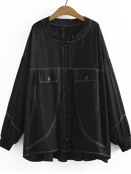 LONGBIDA Jacket O-neck Collarless Topstitch Sewing Womens Denim Wear