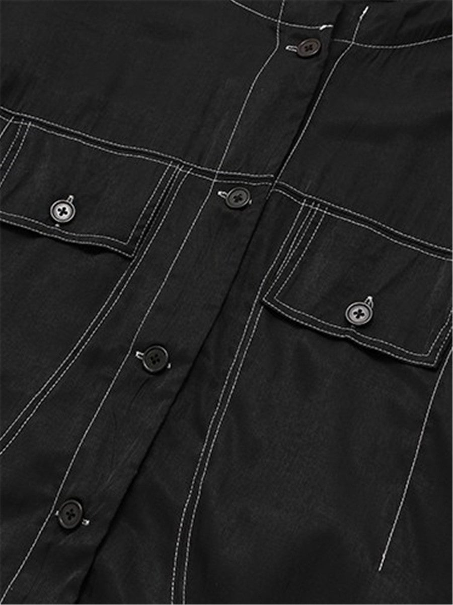 LONGBIDA Jacket O-neck Collarless Topstitch Sewing Womens Denim Wear
