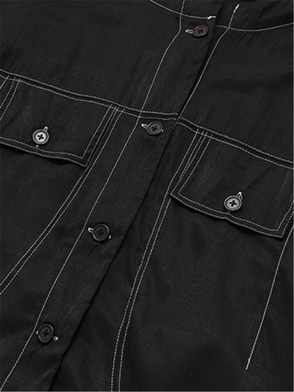 LONGBIDA Jacket O-neck Collarless Topstitch Sewing Womens Denim Wear