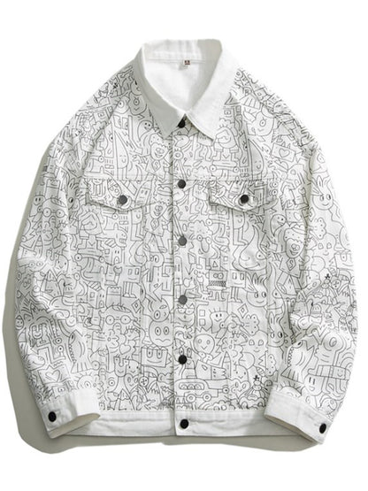 LONGBIDA Fun Print Men Casual Denim Jacket Streetwear Cotton Oversize