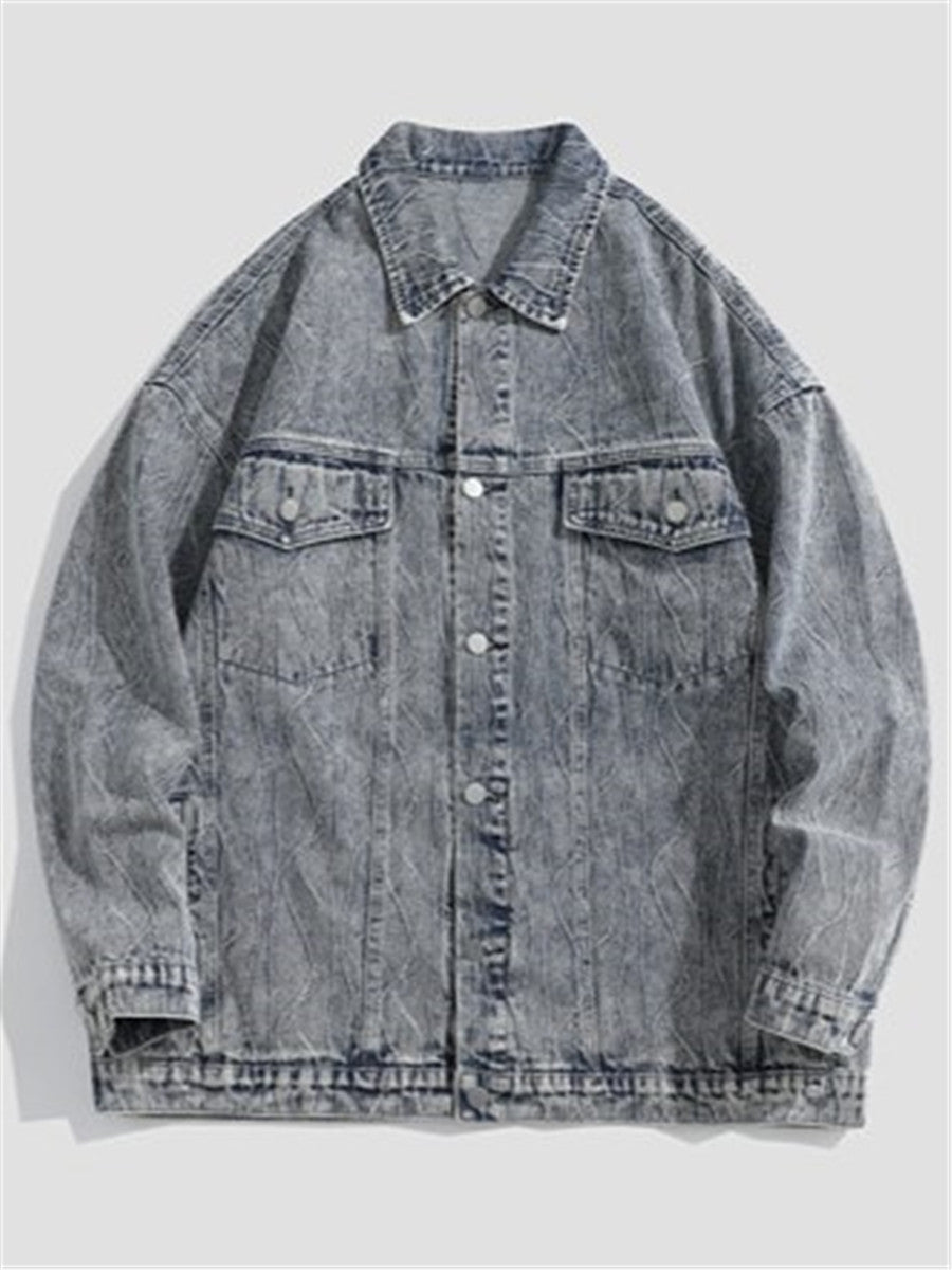 LONGBIDA Vintage Casual Denim Jacket Wavy Texture Mens Outwear