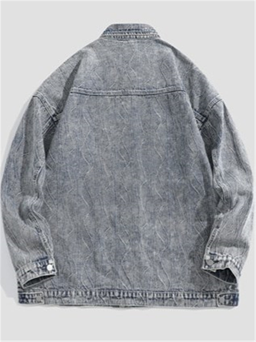 LONGBIDA Vintage Casual Denim Jacket Wavy Texture Mens Outwear