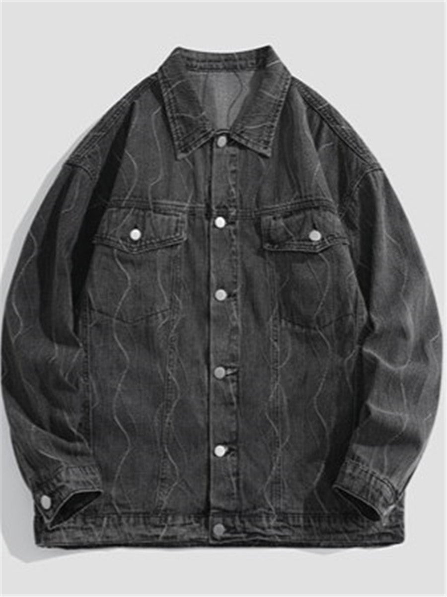 LONGBIDA Vintage Casual Denim Jacket Wavy Texture Mens Outwear