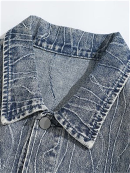 LONGBIDA Vintage Casual Denim Jacket Wavy Texture Mens Outwear