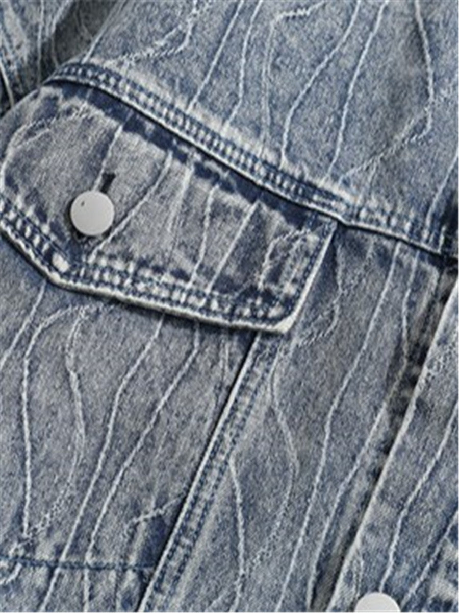 LONGBIDA Vintage Casual Denim Jacket Wavy Texture Mens Outwear