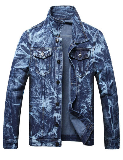 LONGBIDA Men Tie Dye Denim Jacket Casual Pockets Cotton Jean Coat