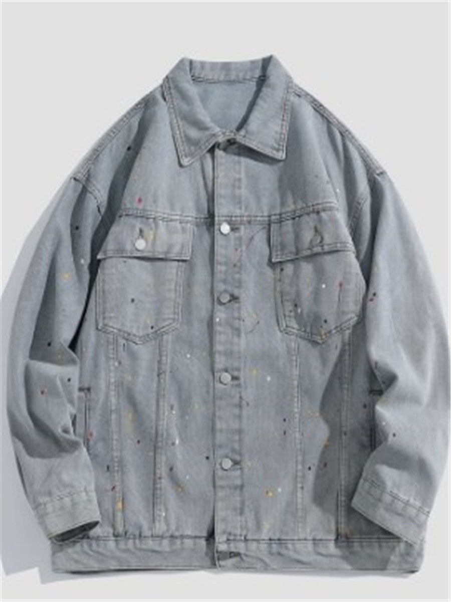 LONGBIDA Fashion Jacket Denim Speckled Coat Men Streetwear Top