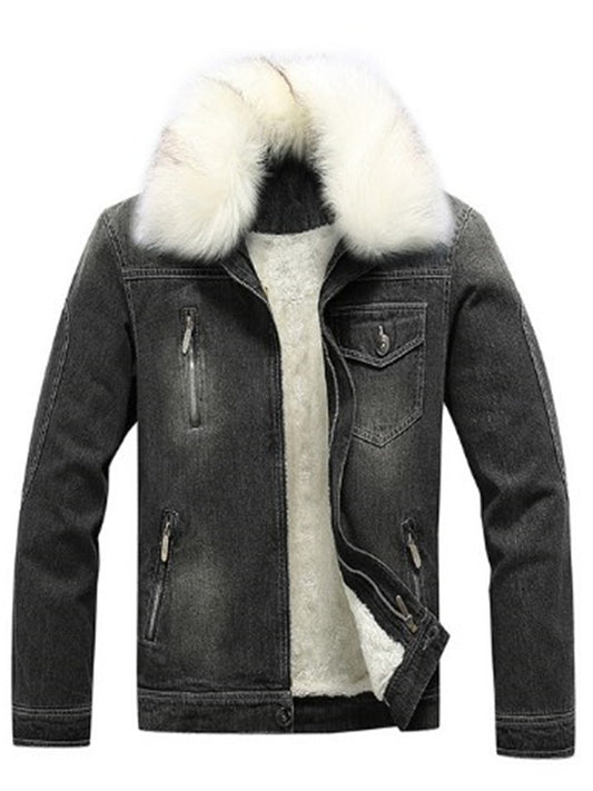 LONGBIDA Fur Collar Jeans Jacket Men's Winter Fleece Lined