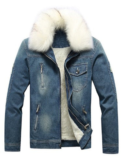 LONGBIDA Fur Collar Jeans Jacket Men's Winter Fleece Lined