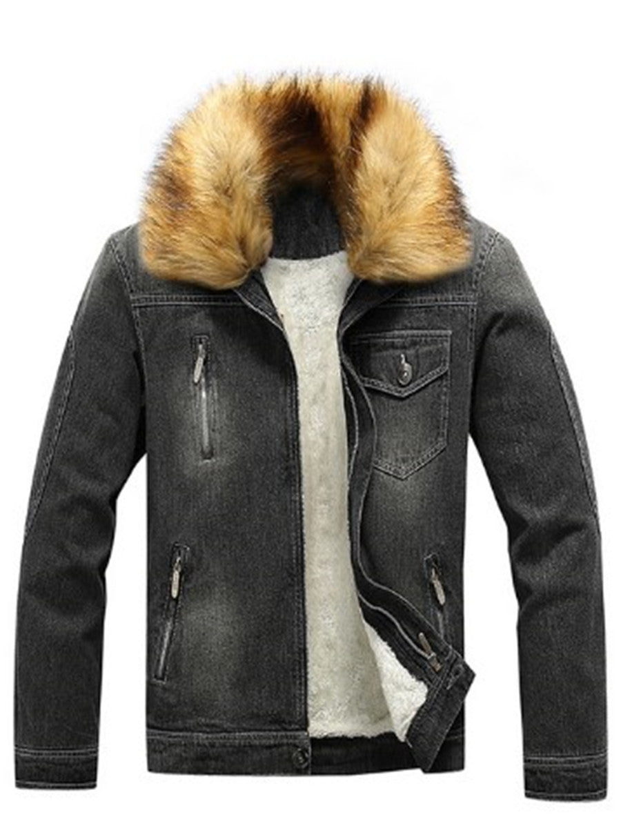 LONGBIDA Fur Collar Jeans Jacket Men's Winter Fleece Lined