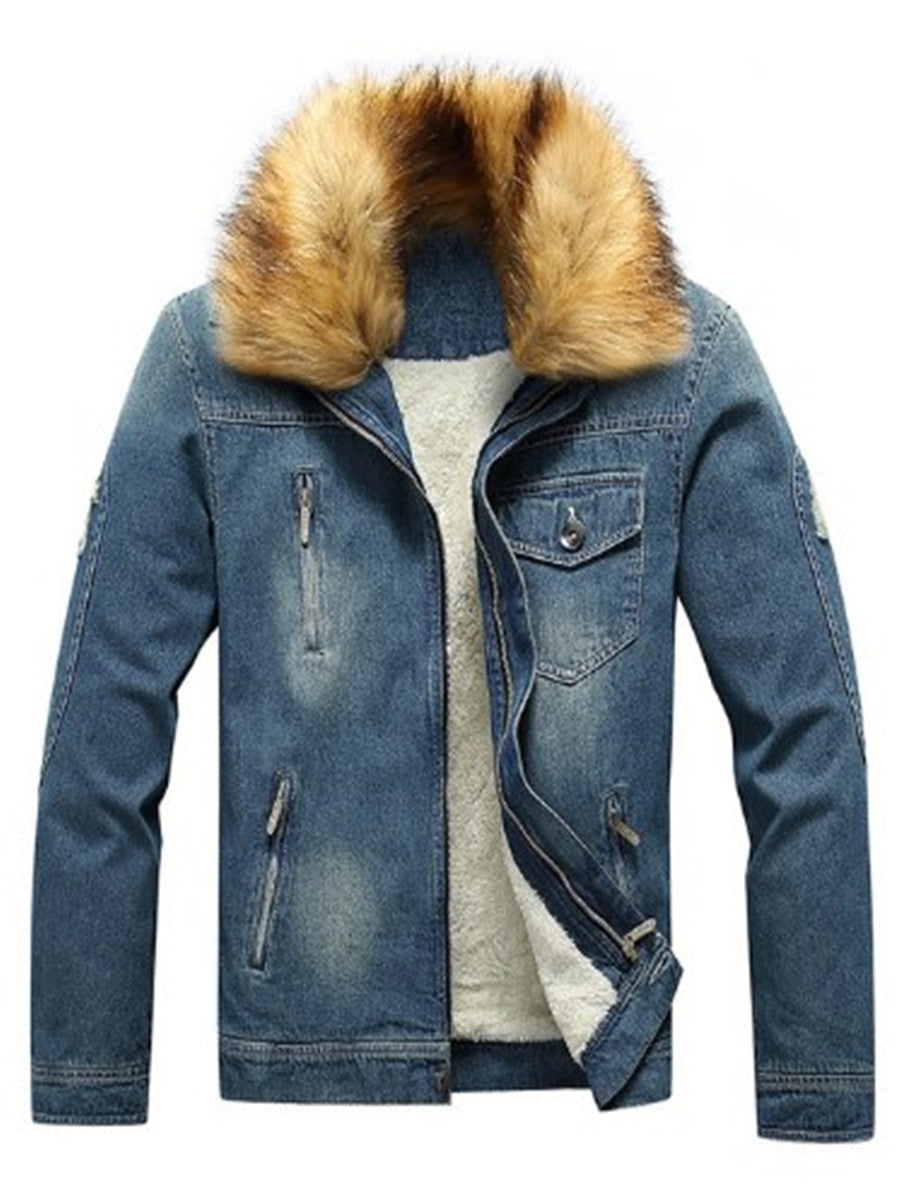 LONGBIDA Fur Collar Jeans Jacket Men's Winter Fleece Lined