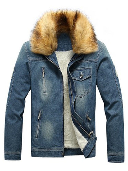 LONGBIDA Fur Collar Jeans Jacket Men's Winter Fleece Lined