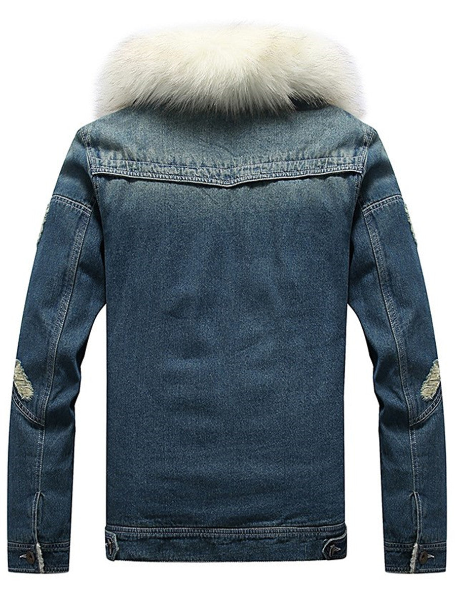 LONGBIDA Fur Collar Jeans Jacket Men's Winter Fleece Lined