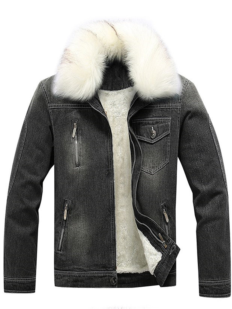 LONGBIDA Fur Collar Jeans Jacket Men's Winter Fleece Lined