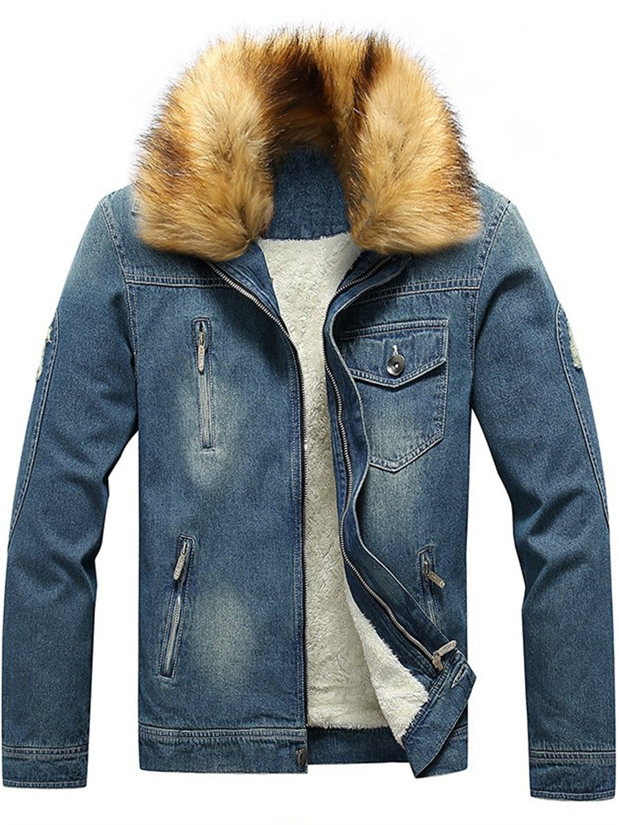 LONGBIDA Fur Collar Jeans Jacket Men's Winter Fleece Lined