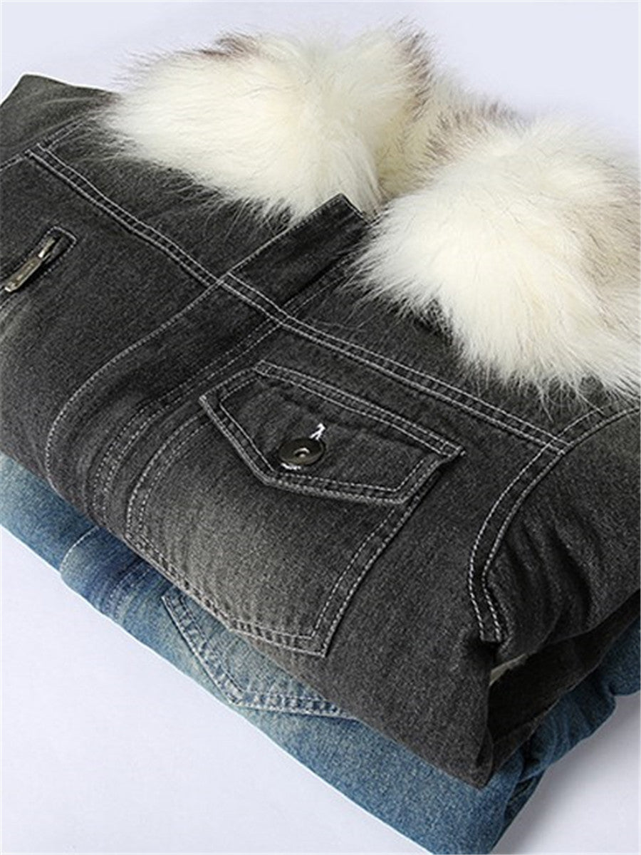 LONGBIDA Fur Collar Jeans Jacket Men's Winter Fleece Lined