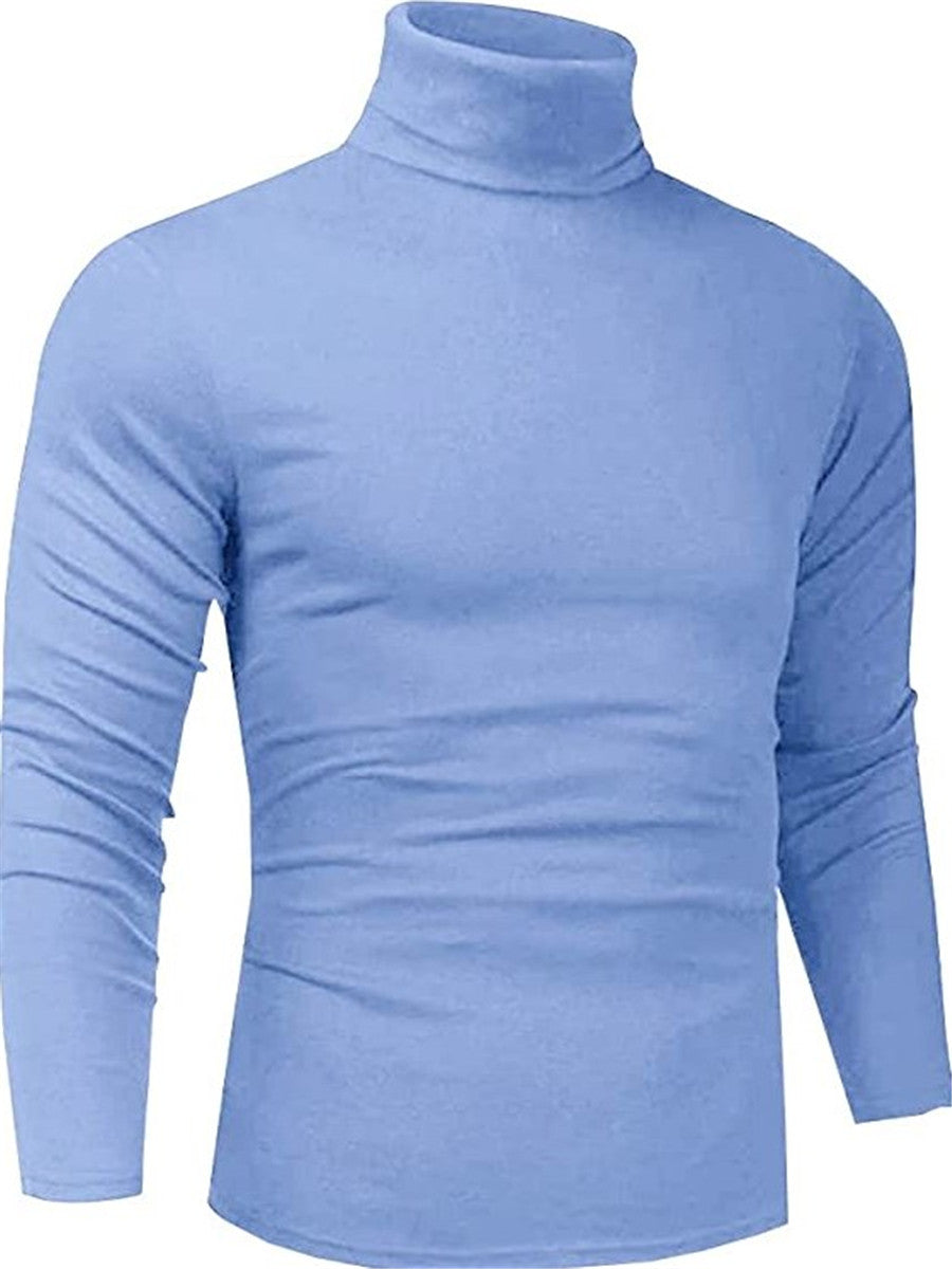 LONGBIDA Mens Turtleneck T-Shirt Slim Fit Lightweight Long Sleeve Pullover Top Sky Blue / 3XL