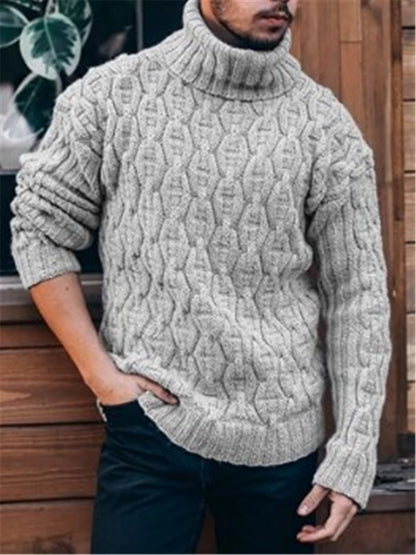 LONGBIDA Men Turtleneck Solid Color Knitted Sweater Long Sleeve Ribbed Thermal