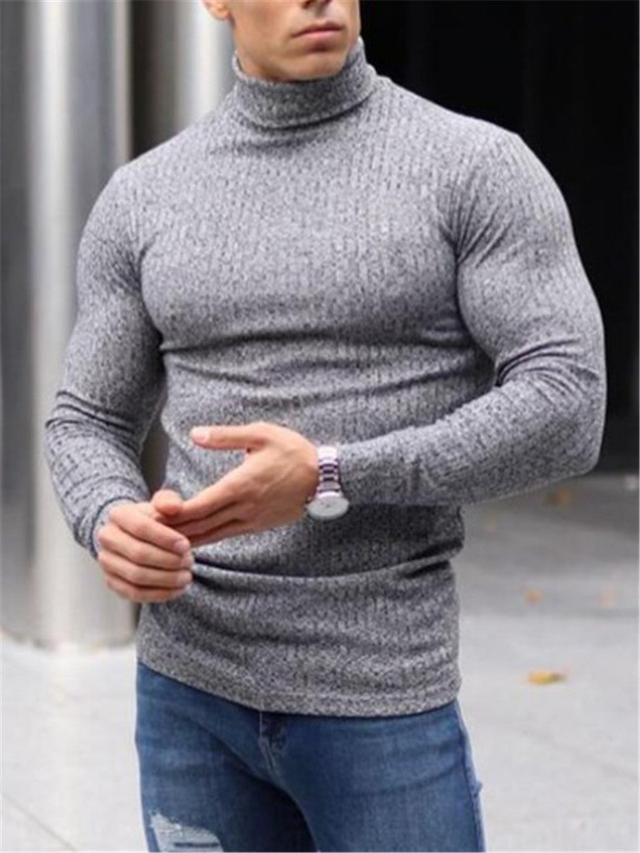 LONGBIDA Turtleneck Thin Sweaters Mens Casual Roll Neck Solid Strips Slim Fit