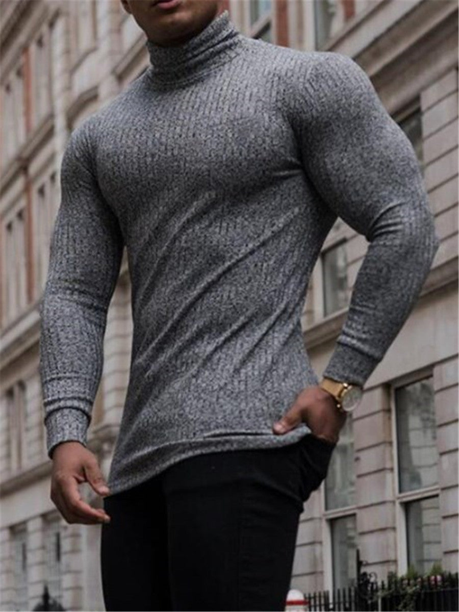 LONGBIDA Turtleneck Thin Sweaters Mens Casual Roll Neck Solid Strips Slim Fit